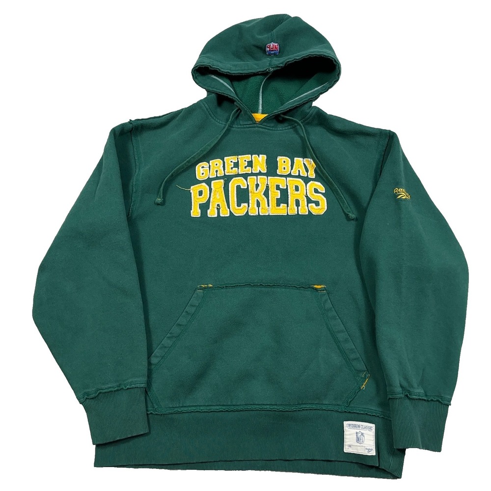 Vintage Y2K Green Bay Packers Hoodie Men Medium Green Sweatshirt Spellout Reebok